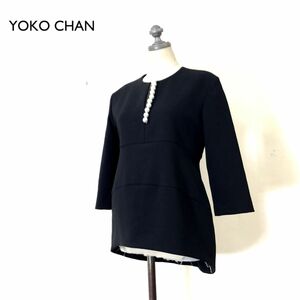 1K2298-N◆美品◆ YOKO CHAN ヨーコチャン ロングスリーブパールスリットラインブラウス トップス◆size38 ブラック レーヨン ポリエステル