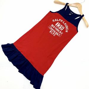 ラルフローレン ★ RALPH LAUREN キッズ L 12/14 ノースリーブ チュニック ワンピース レッド ネイビー シンプル 春夏 夏休み 休日■EB83