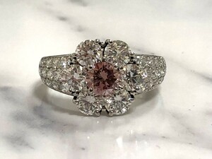 【中古美品　希少】 Pt900 ピンク ダイヤ リング レディース ジュエリー FANCY DEEP ORANGY PINK　中石 ピンク VS2 0.50ct 脇石 2.40ct