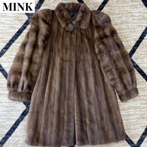 【毛質良質！なめし柔らかめ♪】ほぼ未使用品◇MINK パステルミンク ◇リアルファー 横段袖 本毛皮セミロングコート(着丈約89cm) 茶色系