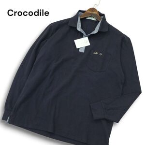 【新品 未使用】 Crocodile クロコダイル 通年 ワニ刺繍★ 長袖 鹿の子 ポロシャツ Sz.L メンズ ネイビー　A5T00237_1#C