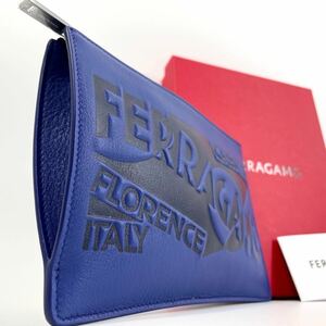 ●現行/未使用品 Salvatore Ferragamo フェラガモ クラッチバッグ セカンド ハンド 財布 型押しロゴ ビジネス メンズ レザー 革 ブルー 青