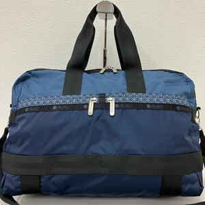 □40−787 美品 LeSportsac レスポートサック ボストンバッグ 旅行用 2way 肩掛け 斜めがけ ブルー系 ナイロン 大容量 キャリー引掛け可