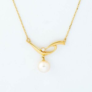 【新品仕上済】MIKIMOTO ミキモト アコヤ本真珠 7.4mm パール K18 ダイヤモンド ネックレス #35933YR