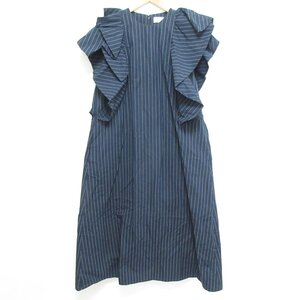 良品 21AW ENFOLD エンフォルド ピンストライプフリルスリーブDRESS ロング丈 マキシ丈 フレアワンピース サイズ36 ネイビー ◆