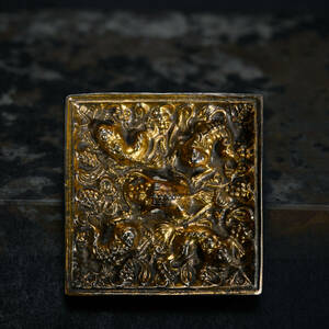 br10693 中国美術 古銅製 方形鍍金獣文銅鏡 置物 ミニ銅製唐鏡 唐物5x4.9cm 厚0.93cm 重120g