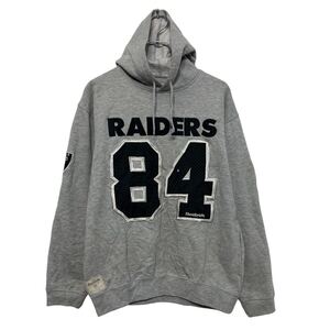 Reebok プリントスウェット パーカー リーボック キッズ XL グレー プルオーバー RAIDERS ワッペン 刺繍 古着卸 アメリカ仕入 a610-7691