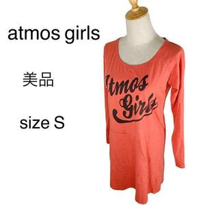 M21-40 【美品】 アトモスガールズ atmos girls ロゴプリント チュニック ロング長T ピンク系 ポケット かわいい 綿 レディース サイズS