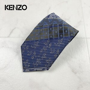 KENZO ケンゾー ネクタイ 総柄 花柄 千鳥格子 シルク100% 日本製 青 ブルー系@IB62