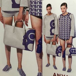 美品☆定価27万程【アニヤハインドマーチ ANYA HINDMARCH】グレー＆青 ビックトートバック☆コレクションライン・フルレザー保存袋付き