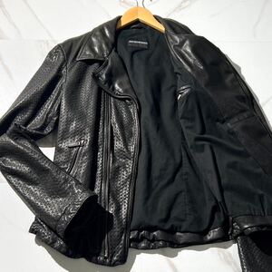 美品/XL エンポリオアルマーニ EMPORIO ARMANI ラムレザー ダブルライダースジャケット ジップアップ ステッチデザイン ブラック 52 メンズ