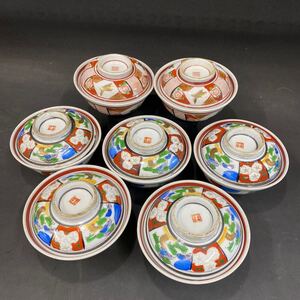 N 4750　蔵出し！！[ 古食器　蓋付 どんぶり 7客セット！！] 金彩 赤絵 時代物 陶器製 骨董 美術品 コレクション 欠け汚れ有 保管品 現状品