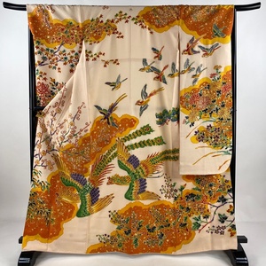 振袖 身丈166cm 裄丈67cm M 袷 皆川月華 落款 鳳凰 枝梅 箔 刺繍 薄ピンク 正絹 逸品 一つ紋 【中古】