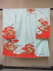 1円 中古 化繊 女児 子供着物 七五三 和装 和服 アンティーク レトロ 水色 御所車 地紙 かわいい 高級 袷 身丈121cm【夢職】★★★