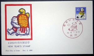 FDC　昭和57年年賀　米沢特印　JPS版画版