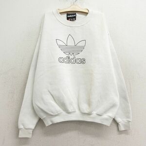 古着 アディダス adidas 長袖 スウェット キッズ ボーイズ 子供服 90s ビッグロゴ リーフ トレフォイル クルーネック 白 ホワイト spe 24fe