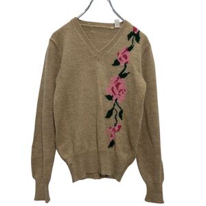 花柄 ニット セーター キッズ 150～ ベージュ ピンク Ｖネック 薔薇 古着卸 アメリカ仕入 a611-7628