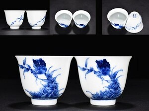 【多寶屋】BU433■古美術品！青花翠鳥紋杯2客 如玉雅玩珎蔵款■高さ6.2ｃｍ直径7.6ｃｍ■