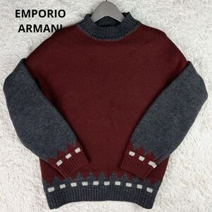 【美品 希少サイズL】 EMPORIO ARMANI エンポリオアルマーニ 【圧倒的存在感】 メンズ セーター ニット ブルゾン バックロゴ ウール 秋冬