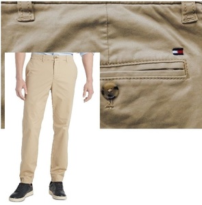 【既決USA】トミーヒルフィガー★ TOMMY HILFIGER@完売【TOMMY Flag】刺繍ロゴ入パンツ【Flex Stretch Slim-Fit Chino Pant】Khaki@US33x30