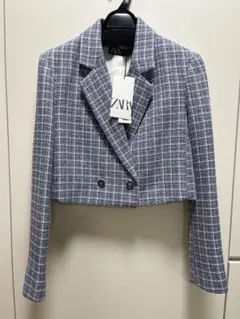 【新品】ZARA クロップドジャケット 青系チェック柄