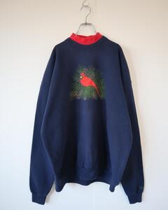 SANTEE Bird Embroidery Vintage Sweatshirt バード 鳥 刺繍 デザイン フェイク レイヤード スウェット トレーナー USA製 XL SW14