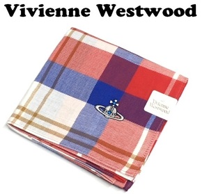 【Vivienne Westwood】(NO.9482）ヴィヴィアンウエストウッド ハンカチ 格子柄　赤×青×オフ白　未使用　48cm