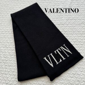 美品■ヴァレンティノ VALENTINO VLTNロゴ マフラー ウール×カシミヤ ブラック ホワイト