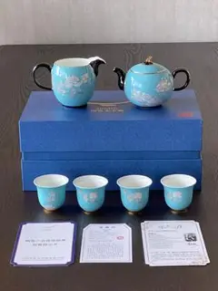 箱有り新品　台湾茶器　中国茶器　高級茶器セット 青色 手描き 水墨ボダン花柄