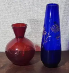 昭和/レトロモダン/ハンドメイドガラス花瓶/ワイン色/金色被切子藍色ガラス2点で