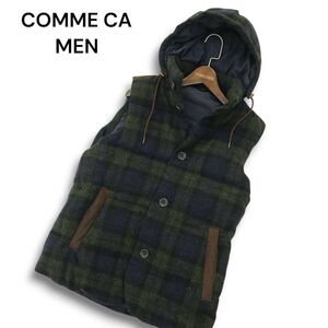 COMME CA MEN コムサ メン 秋冬 ウール ツイード★ タータンチェック柄 フーディー ダウン ベスト Sz.M メンズ　A4T13582_C#N