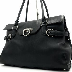 1円/美品● Salvatore Ferragamo フェラガモ トートバッグ ビジネスバッグ 肩掛け A4 大容量 ガンチーニ 金具 黒 ブラック レザー