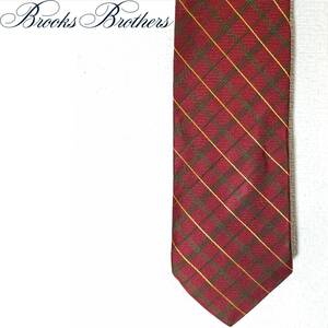 送料390円~Brooks Brothers MAKERSチェック柄シルク ネクタイ エンジ×グリーン×イエロー絹メーカーズUSA製レッド赤ブルックス ブラザーズ