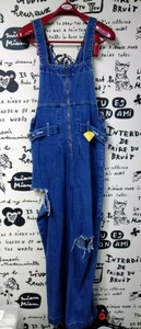 送料込☆JEANASIS JEANS/デニムオーバーオール 穴あき加工/S(w部実寸80で身体中胴~70で抜け感)サイドベルト釦留/前ジッパー/ハンマーフック