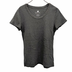 BANANA REPUBLIC Tシャツ ネックにスタッズ 無地 スリムフィット 半袖 ピマコットン×オーガニックコットン M ヘザーグレー レディース