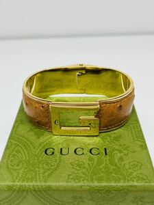 1円 美品 GUCCI バングル ブレスレット オーストリッチ ロゴ インターロッキング アクセサリー グッチ ゴールド 刻印有 GG 本革 レザー