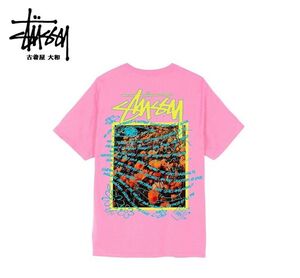 #古着屋大和 セール中 展示品 40周年記念 USAモデル ステューシー STUSSY Super Bloom バタフライ レタリングロゴ 落書き Tシャツ L ピンク