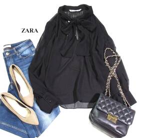 未使用 ザラ ZARA 大人素敵スタイル☆ リボン ボウタイ ピンタック デザイン シアー プルオーバー ブラウス XS