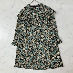 ZARA ザラ 切替 異素材 花柄 フリル ボタン タック 長袖 チュニック ホワイト ブルー ブラック グリーン ピンク イエロー クリーム XS