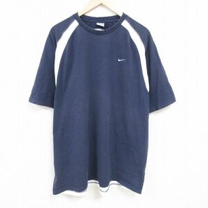 XL/古着 ナイキ NIKE 半袖 ブランド Tシャツ メンズ ワンポイントロゴ 大きいサイズ ロング丈 クルーネック 紺 ネイビー バックメッシ