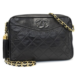 1円 ◎CHANEL シャネル チェーンショルダーバッグ タッセル マトラッセ ココマーク レザー ブラック◎E.Cgp.tI-27