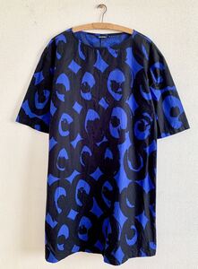 美品★marimekko 膝丈　Aラインワンピース　34 青　ブルー　ネイビー　結婚式　2次会　Kissapollo キッサポッロ