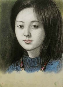 ＊真作＊ 肉筆原画 風間完 仮題 青衣の女性 ミックスメディア 直筆サイン入/美人画/挿絵画家/松本清張司馬遼太郎五木寛之池波正太郎/絵画