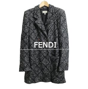 FENDI フェンディ I40 格子柄 チェック柄 ツイード ダブルブレスト ロング丈 チェスターコート ロングコート グレー×ブラック