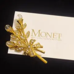 MONET　モネ　ゴールドブローチピン 花 リーフ アラインストーンヴィンテージ