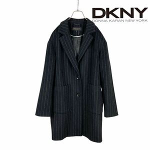 10T244☆ DONNA KARAN NEWYORK ダナキャランニューヨーク ストライプ ウール チェスターコート ロング ウールコート アウター ブラック S