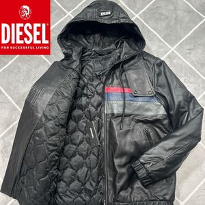 【新品XL】タグ付き 未使用品 DIESEL ディーゼル レザージャケット レザーパーカー黒 羊革 ラムレザー 【滑らかな手触り】キルティング