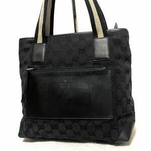 1円スタート！ 超美品 GUCCI グッチ GGキャンバス レザー トートバッグ ショルダー バッグ ハンドバッグ ブラック 黒 メンズ レディース 