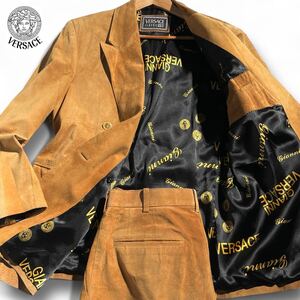 希少XL/美品 ●VERSACE ●ド派手裏地 セットアップ スーツ ダブル ヴェルサーチ ●メデューサボタン ●スエード生地 ジャケット ブラウン