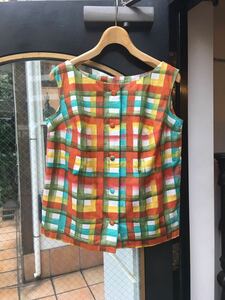 ヨーロッパ古着60sノースリーブブラウスvintageブラウス　チェックブラウス　blouse shirt シャツLV638